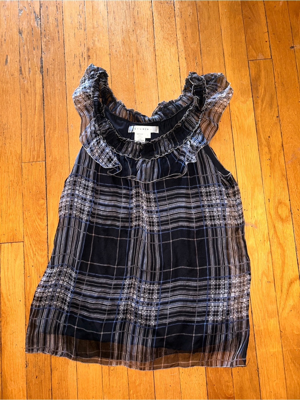 Studio M Black and Gray Plaid Ruffle Sleeveless Top
